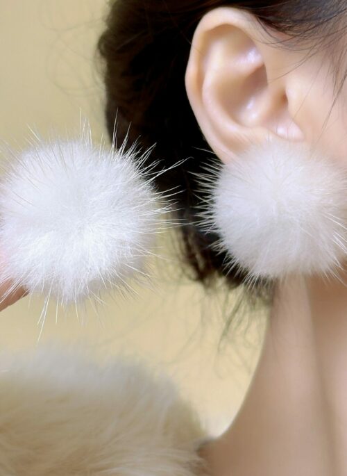 White Fur Stud Earrings | Karina - Aespa