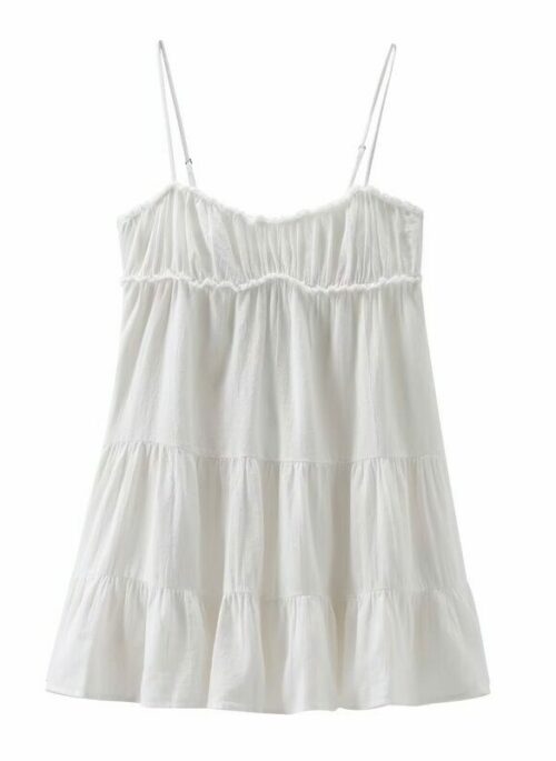 White Tiered Pleated Sling Dress | Hong Hee Joo - When The Phone Rings