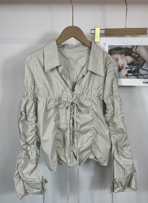 Beige And Black Pinstripe Ruched Shirt | Seulgi – Red Velvet