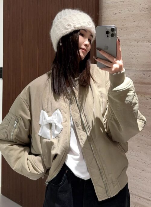 Beige Bow Embellished Bomber Jacket | Jennie – BlackPink