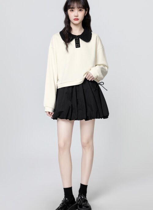 Beige Collared Colorblock Sweatshirt