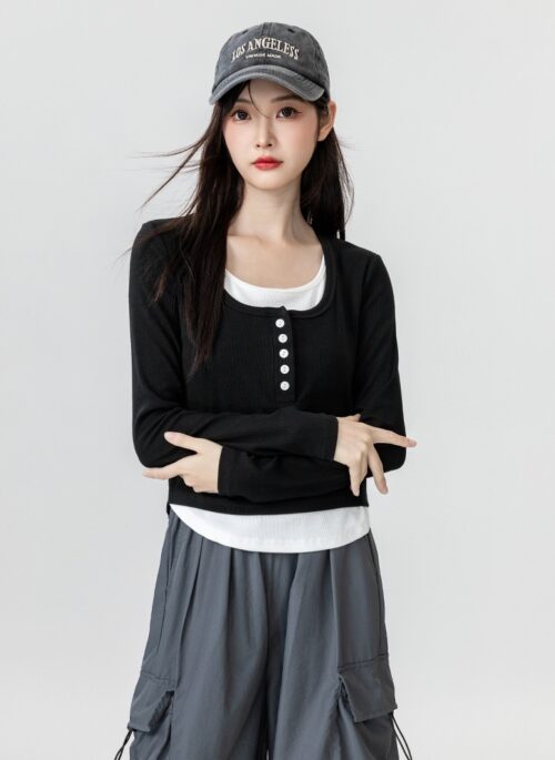 Black Layered Long Sleeve Top