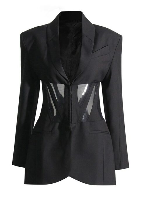 Black Mesh Corset Waist Suit Blazer Jacket | Kazuha - Le Sserafim