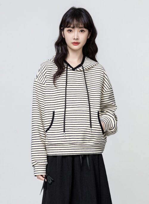 Black Striped Loose Hoodie Sweater