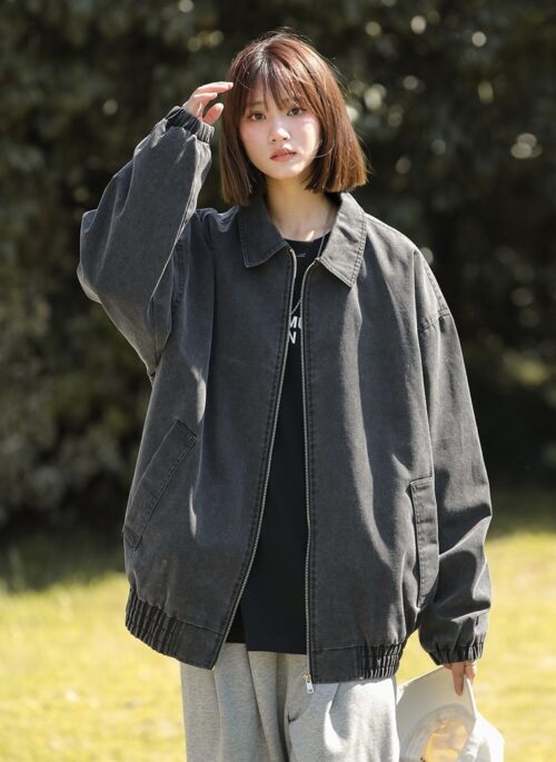 Black Washed Zip-Up Collared Jacket | Haruto – Treasure