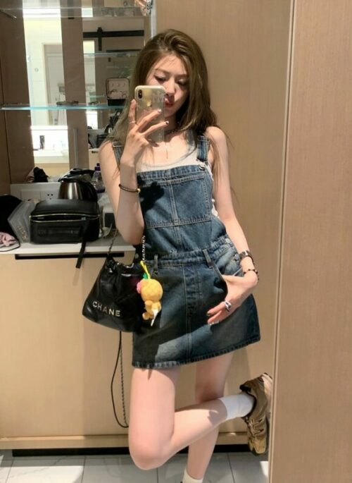 Blue Skirt Overalls Denim Dress | Wonhee - ILLIT