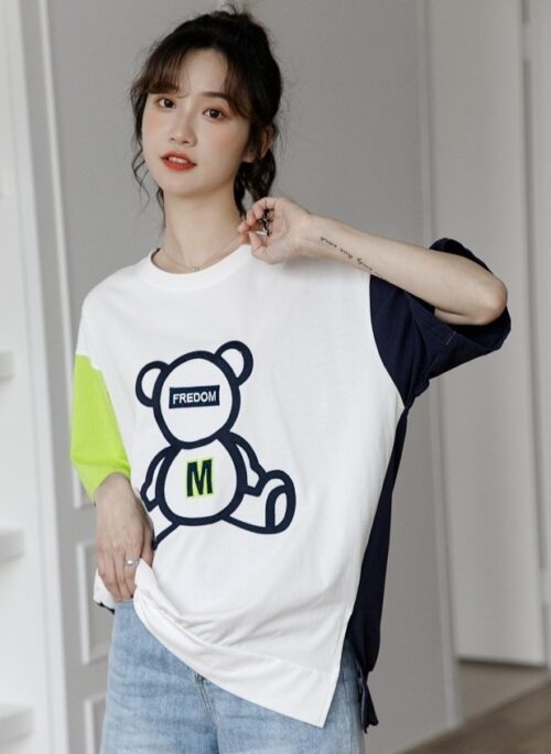 Color Block Bear Graphic Loose T-Shirt