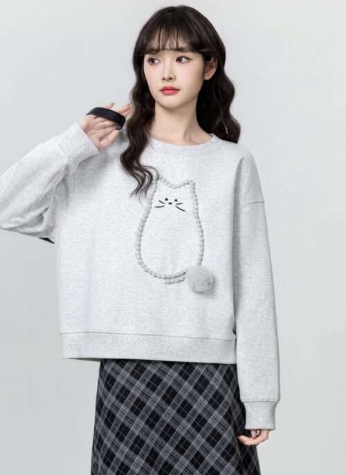 Gray Loose Cartoon Cat Pullover Sweater