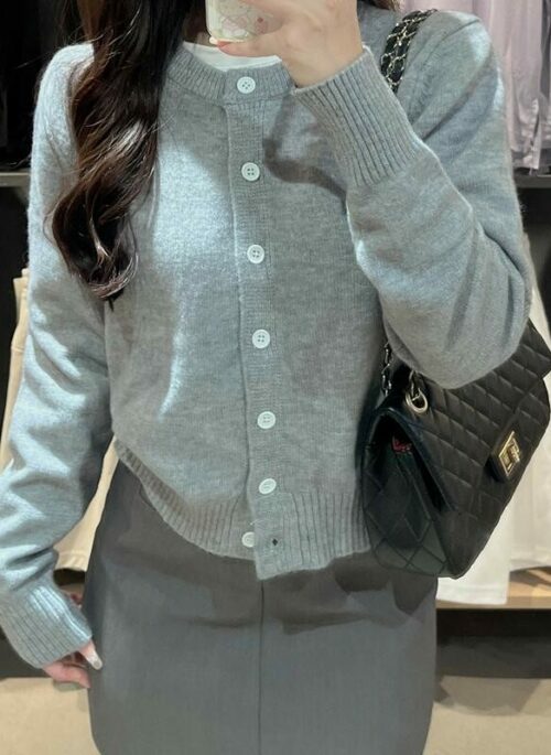 Grey Knitted Cardigan  With White Buttons | Jisoo – BlackPink