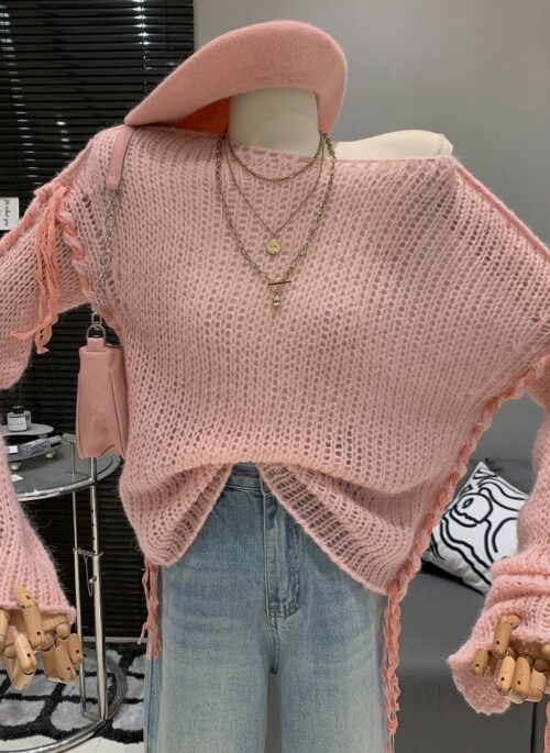 Pink Hollow Knit Tassel Sweater | Seulgi – Red Velvet