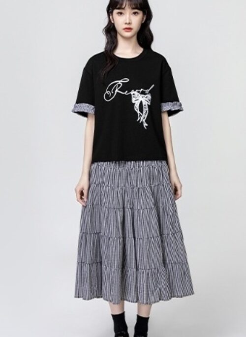 Plaid Patchwork Letter Short Sleeve Tee