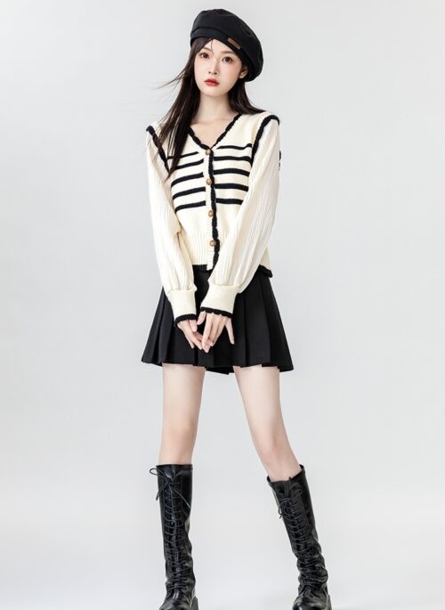 Striped Knit Cardigan With Vneck Design