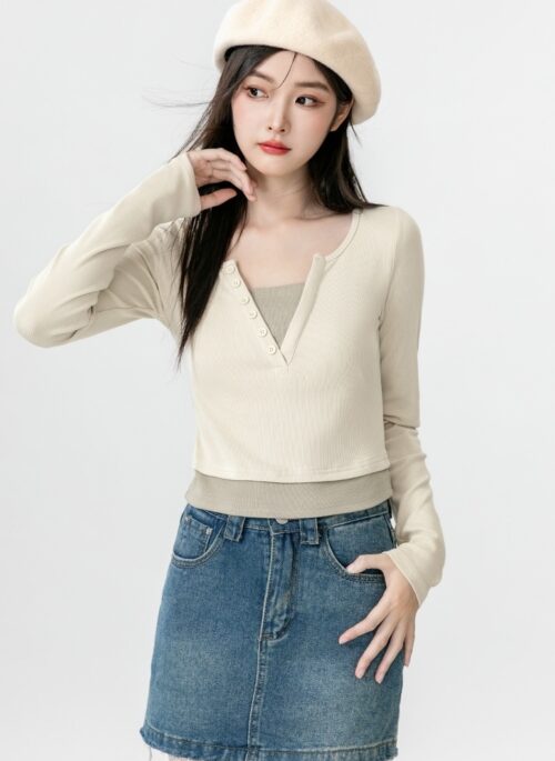 Stylish Vneck Layered Long Sleeve Tee