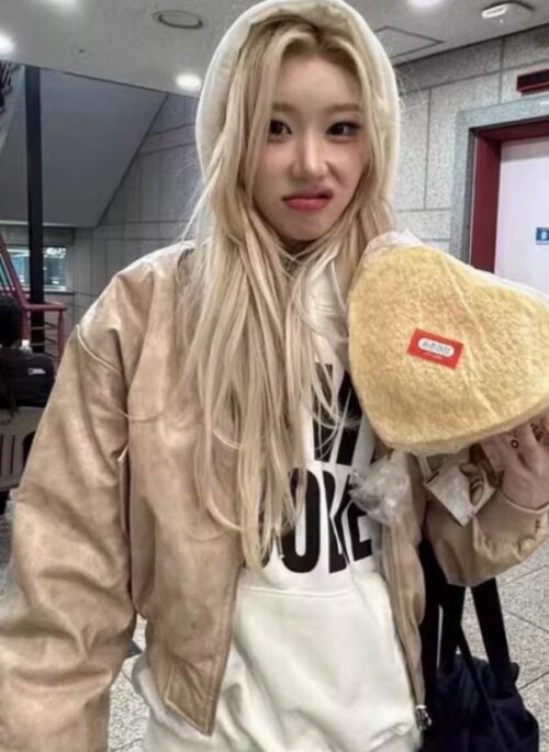 Beige Faux Leather Bomber Jacket | Chaeryeong – ITZY