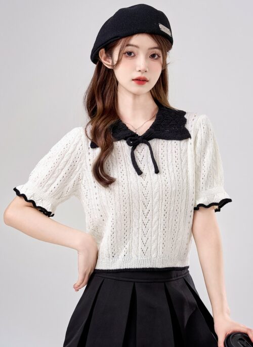 White Doll Collar Knitted Polo Shirt | Karina – Aespa