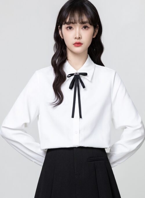 White Long Sleeve Tie Collar Shirt