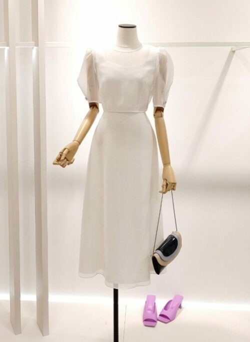 White Puff Sleeves A-Line Dress | Chae Yong Ju - Brewing Love