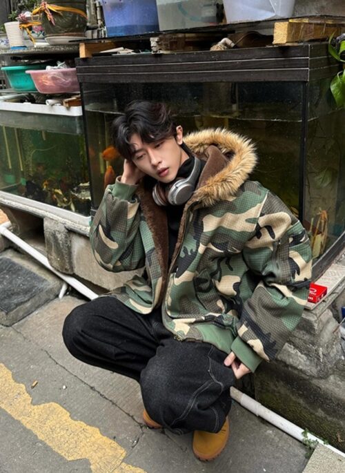 Green Camouflage Fur-Trim Hooded Jacket | J-Hope – BTS